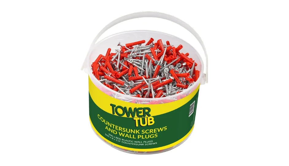 Tower 05TUB02 500 x Red Plastic Wall Plugs & 500 x 8 x 1.5” Countersunk Screws
