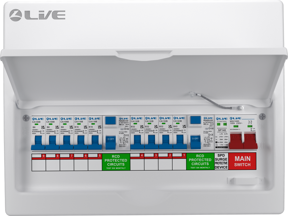 Live LSMC1663TR-AS 16 Module Split Load c/w 100A Main Switch / 2x63A 30mA RCD+SPD+8 MCBs( 3 x 6A,1x 16A,3x 32A,1 x 40A+ 40KA Surge