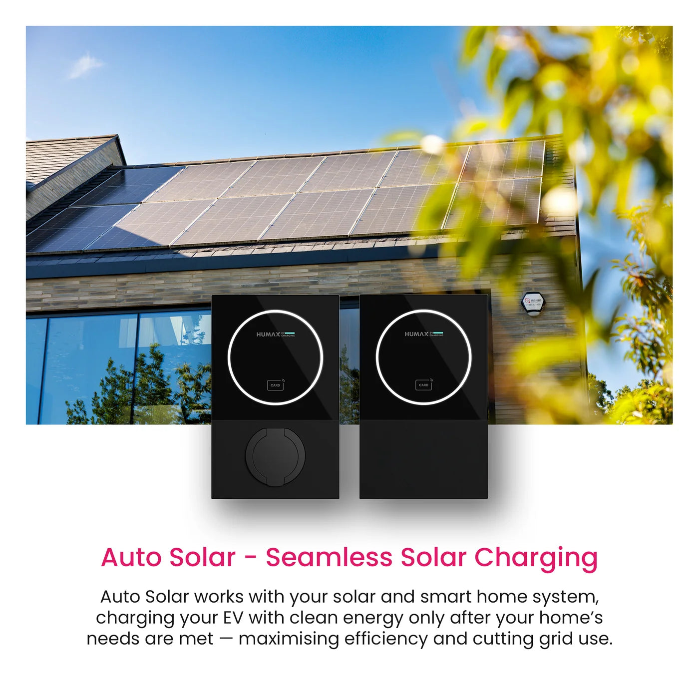 Humax Auto Solar charging graphic showing rooftop solar panels and socket and tethered MX7 chargers