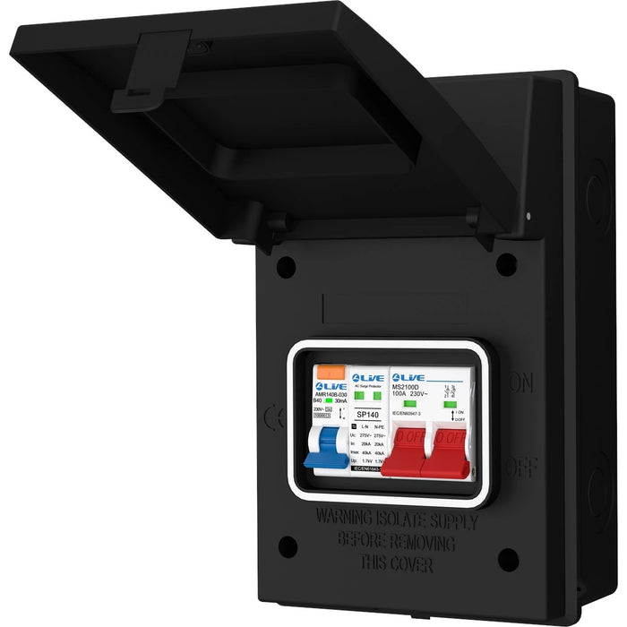 Live AGU4-SR/B 4 Way IP65 Black Metal Garage/EV Charging Unit with 100 Main Switch, 40A Type A SP RCBO B Curve & 20/40kA DP Type 2 SPD