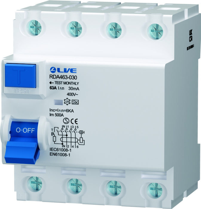 Live RDA463-100 A Type 4 Pole RCD 63A Rated 100Milliamp Protection