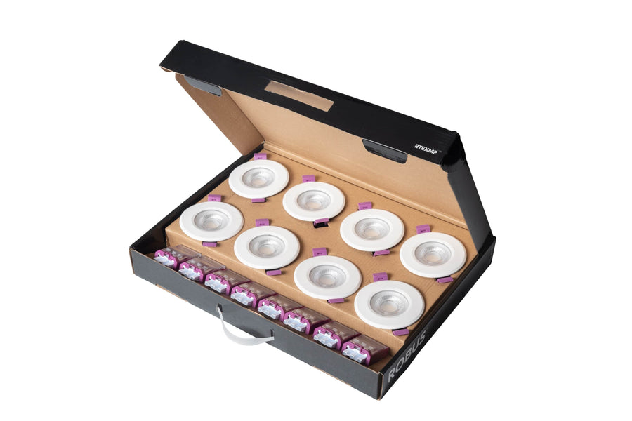 Robus RTEXMP-01 TRIUMPH EXPRESS 4/6 Dual Wattage IP65 Fire Rated Downlight CCT4 2 part connector white Trim Multi-pack (8pcs)