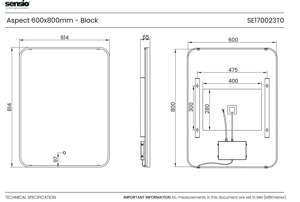 Sensio SE170026T0 Aspect Floating Edge Rectangle Mirror with Colour Changeable LEDs and Touch Sensor - 600x800mm - Brass