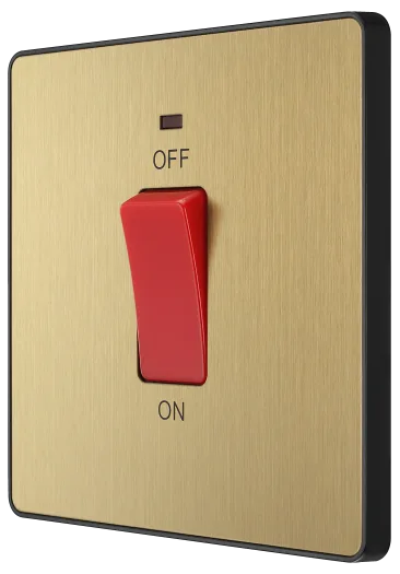 BG Evolve PCDSB74B 45A Square Plate Double Pole Cooker Switch with LED Indicator - Satin Brass