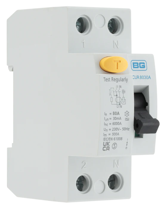 BG CUR8030A Type A, Bidirectional RCD, Double Pole, 80A, 30mA, 2 module