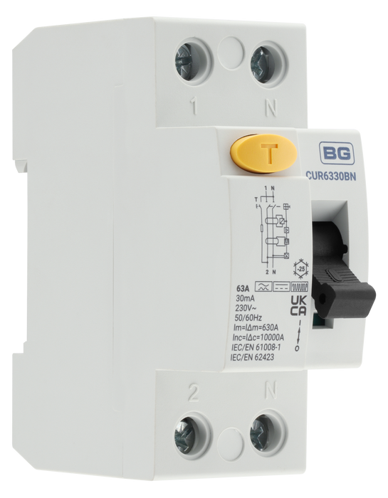 BG CUR6330BN Type B, Bidirectional RCD, Double Pole, 63A, 30mA, 2 Module