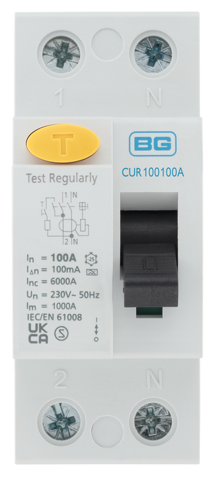 BG CUR100100A Type A, Bidirectional RCD, Double Pole, 100A, 100mA, 2 module