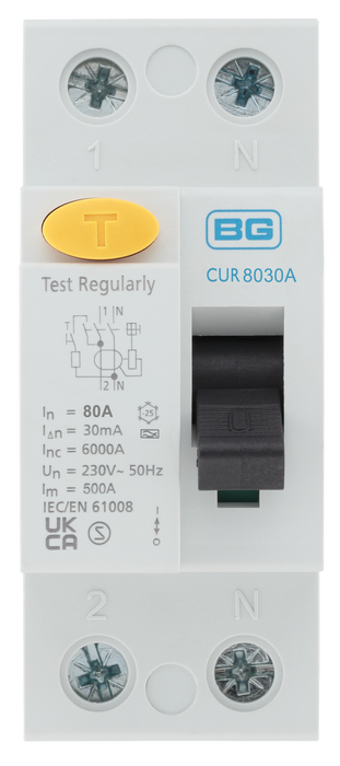 BG CUR8030A Type A, Bidirectional RCD, Double Pole, 80A, 30mA, 2 module