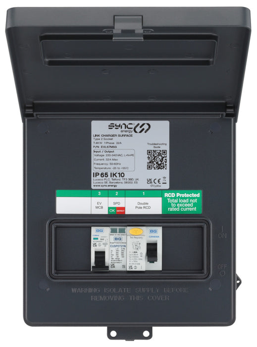 BG Sync Energy EVLR7MSG Link EV Charger Recessed Socket 7.4kW 32A Silver with Metal Control Box - Wi-Fi + LAN + 4G