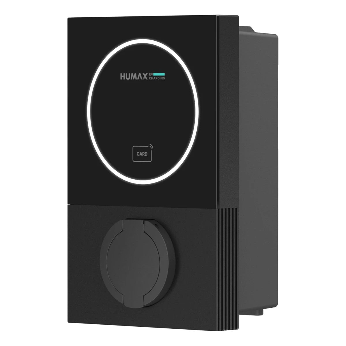 Angled view of the Humax MX7 socket charger showing its Type 2 socket and enclosure