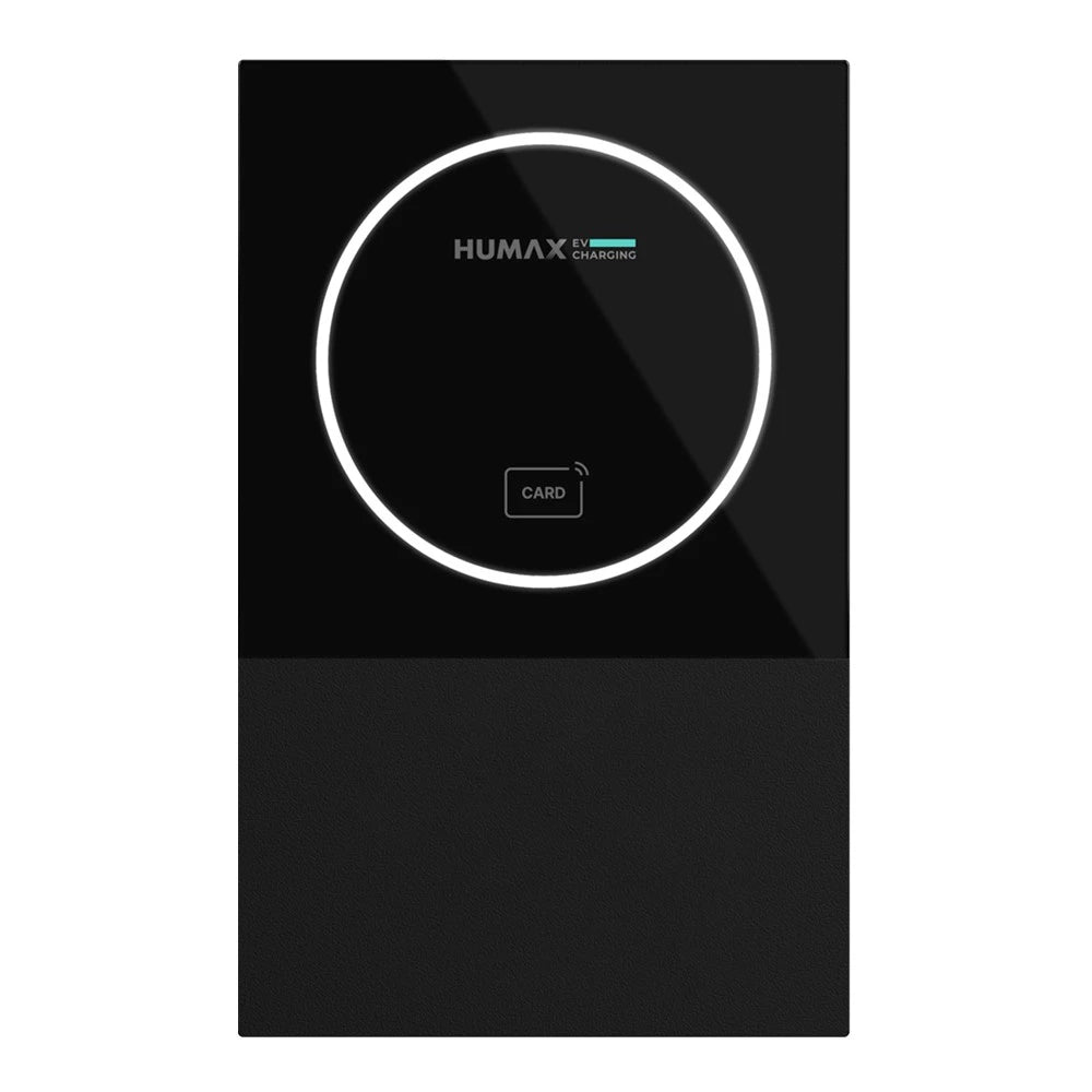 Front view of the black Humax MX7 HMX-A01T7 tethered EV charger unit