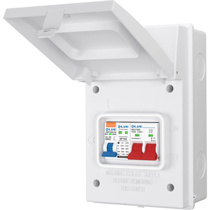 Live AGU4-SR/W 4 Way Metal Enclosure with 40A RCBO Main Switch & SPD IP65
