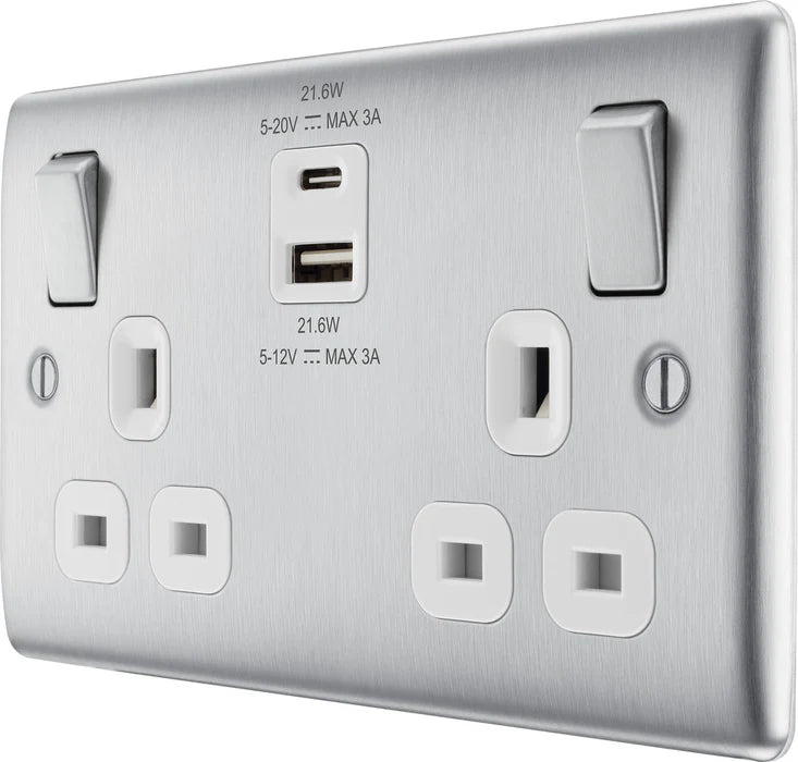 BG Nexus NBS22UAC22W 2 Gang 13A USB Switched Socket Metal Brushed Steel