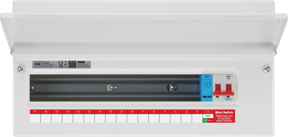 BG CF19MS16 Consumer Unit 19 Module 16 Way Unpopulated with 100A Main Switch &amp; 1 x Type 2 Surge Protection Device
