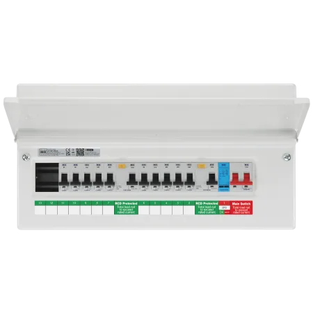BG CF19D11S12 Consumer Unit 19 Module 12 Way Populated with 100A Main Switch, 2 x 100A 30mA RCD, 1 x Type 2 Surge Protection Device & 10 x MCB - 6A x 3, 16A x 2, 32A x 4 & 40A x 1