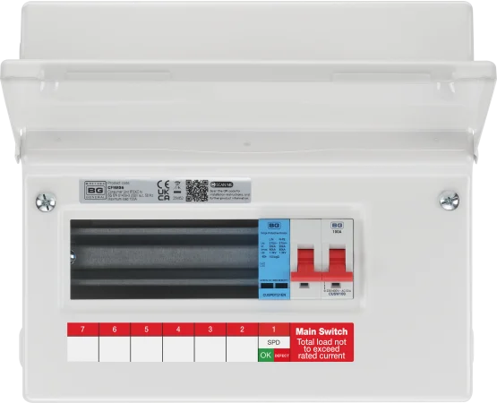 BG CF9MS6-01 Consumer Unit 9 Module 6 Way Unpopulated with 100A Main Switch &amp; 1 x Type 2 Surge Protection Device