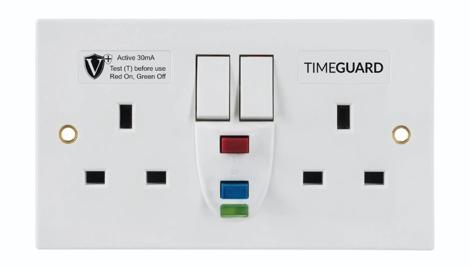 Timeguard RCD05WAVN Valiance+® RCD Protected Double Gang White Switched Socket – Active