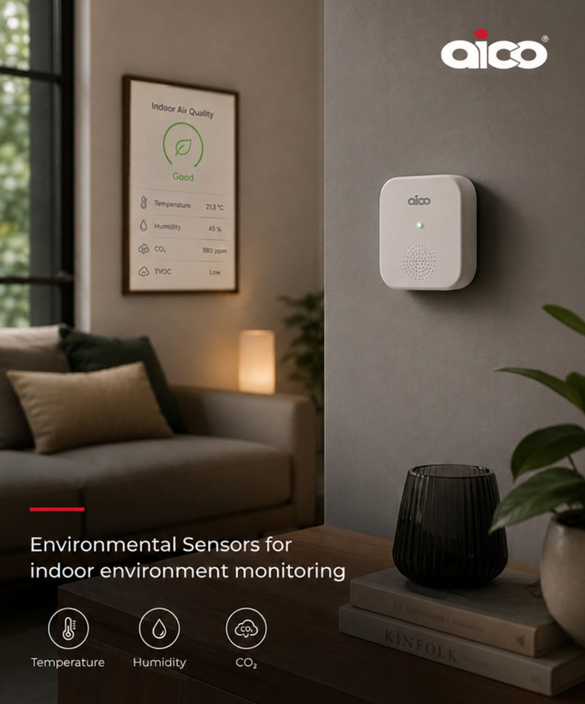 Sensors: Aico environmental sensors for monitoring humidity, temperature, CO₂ and indoor air quality.