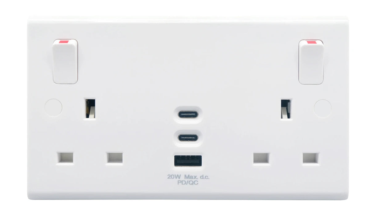 Deta S1231 Slimline 13A 2 Gang Single Pole Outboard Switched Socket with 20W USB C+C+A