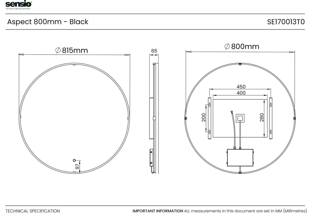 Sensio SE170013T0 Aspect Floating Edge Round Mirror with Colour Changeable LEDs and Touch Sensor - ø800mm - Matt Black