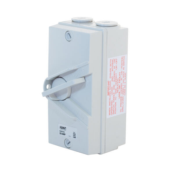 SelectRic SS20A-RS IP66 Rated – 20 Amp / 10kW Weatherproof Isolator Switch – 4 Pole 415V – Grey
