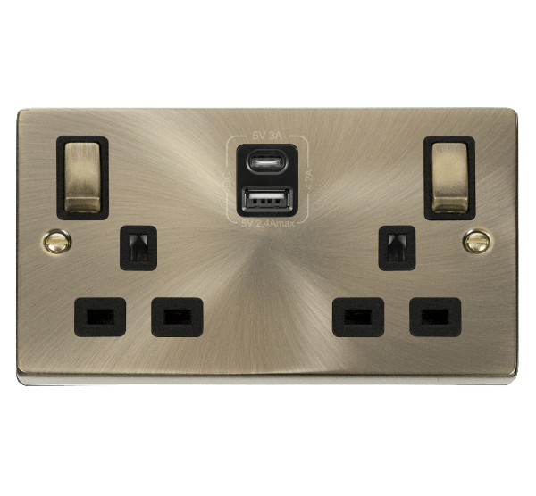 Click Scolmore Deco VPAB586BK 2 Gang USB A&C Double Switched Socket Antique Brass w/Black Inserts