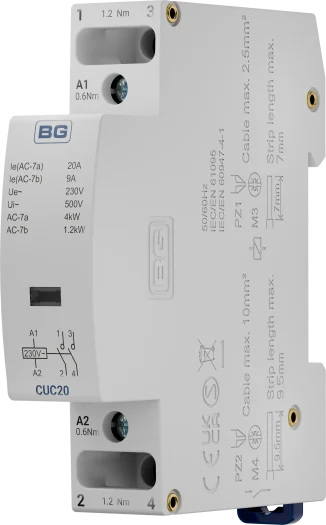 BG CUC20 20A Double Pole Normally Open DIN Rail Contactor – 230V AC Coil