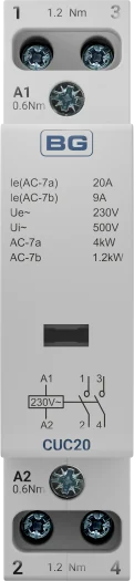 BG CUC20 20A Double Pole Normally Open DIN Rail Contactor – 230V AC Coil