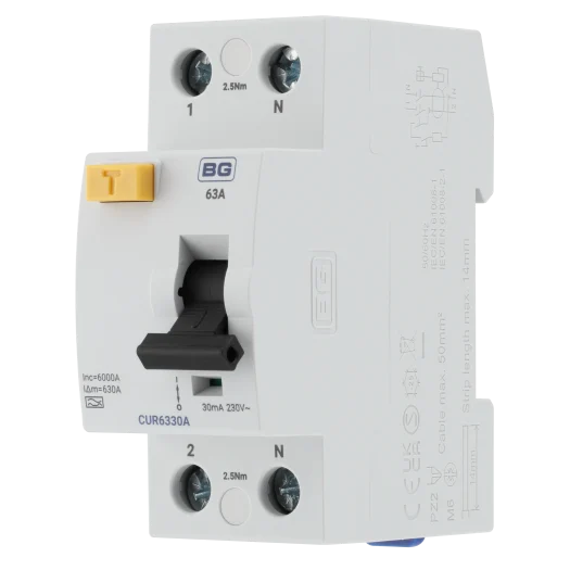 BG CUR6330A 63A 30mA Type A Bidirectional Double Pole RCD – 2 Module