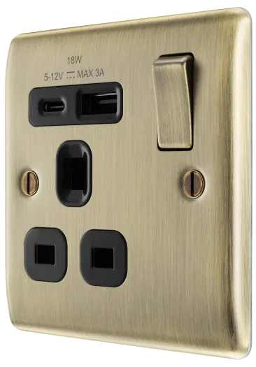BG Nexus NAB21UAC18B 13A Single Switched Socket with 18W USB-A & USB-C Fast Charging - Antique Brass