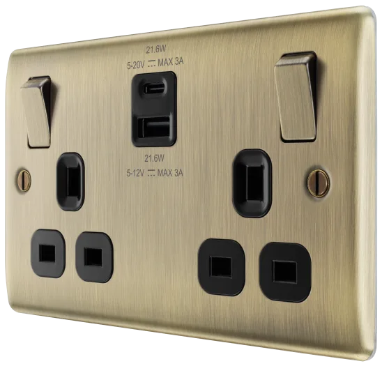 BG Nexus NAB22UAC22B 13A Double Switched Socket with 22W USB-A & USB-C Fast Charging - Antique Brass