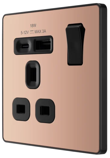 BG Evolve PCDCP21UAC18B 13A  Single Switched Socket with USB A+C - Polished Copper