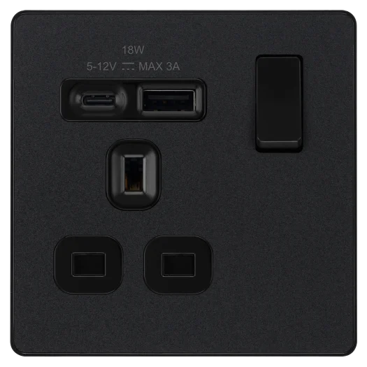 BG Evolve PCDMB21UAC18B 13A USB-A + USB-C Fast Charging Socket - Matt Black