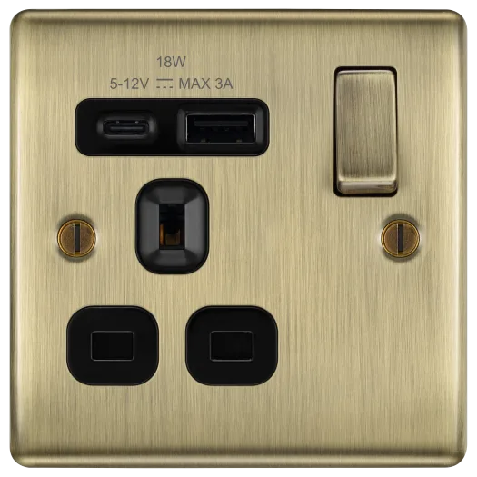 BG Nexus NAB21UAC18B 13A Single Switched Socket with 18W USB-A & USB-C Fast Charging - Antique Brass