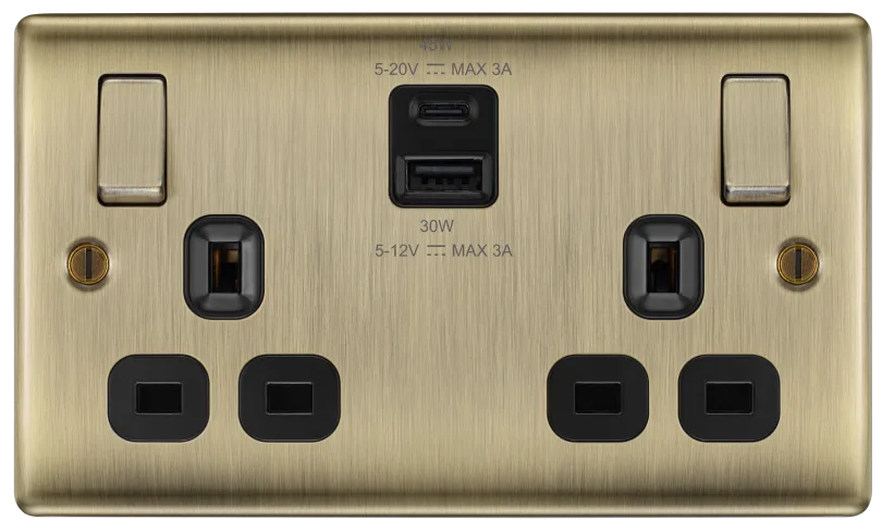 BG NAB22UAC45B NEXUS METAL ANTIQUE BRASS 45W USB A&C Double Socket with Black Inserts