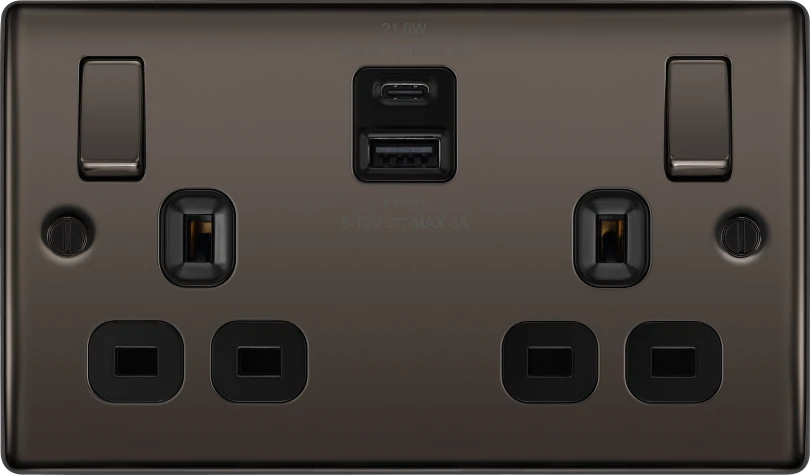 BG Nexus NBN22UAC22B 13A Double Switched Socket with 22W USB-A & USB-C Fast Charging - Black Nickel