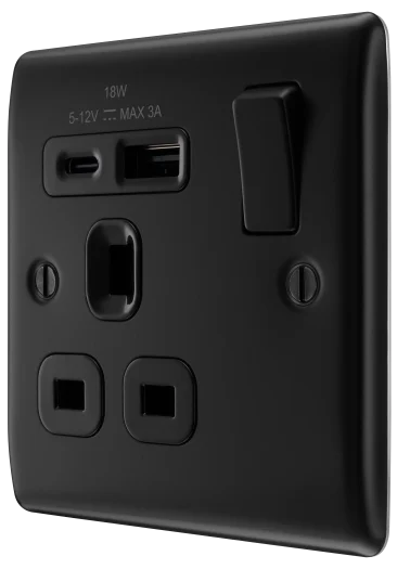 BG Nexus NFB21UAC18B 13A Single Switched Socket with 18W USB-A & USB-C Fast Charging - Matt Black
