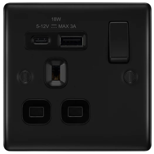 BG Nexus NFB21UAC18B 13A Single Switched Socket with 18W USB-A & USB-C Fast Charging - Matt Black