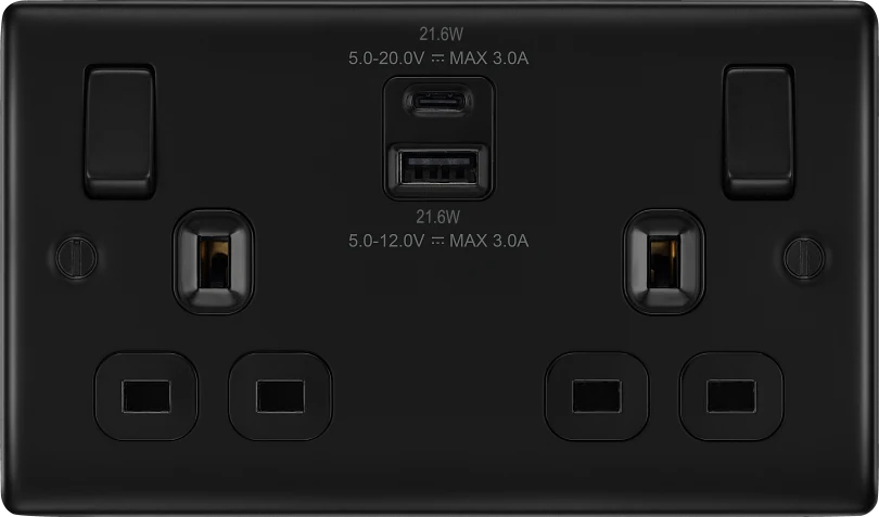 BG Nexus NFB22UAC22B 13A Double Switched Socket with 22W USB-A & USB-C Fast Charging