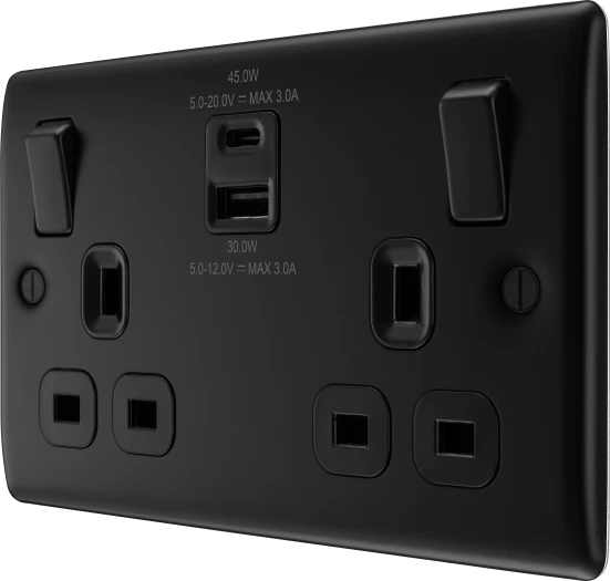BG Nexus NFB22UAC45B 13A Double Switched Socket with 45W USB-A & USB-C Fast Charging - Matt Black