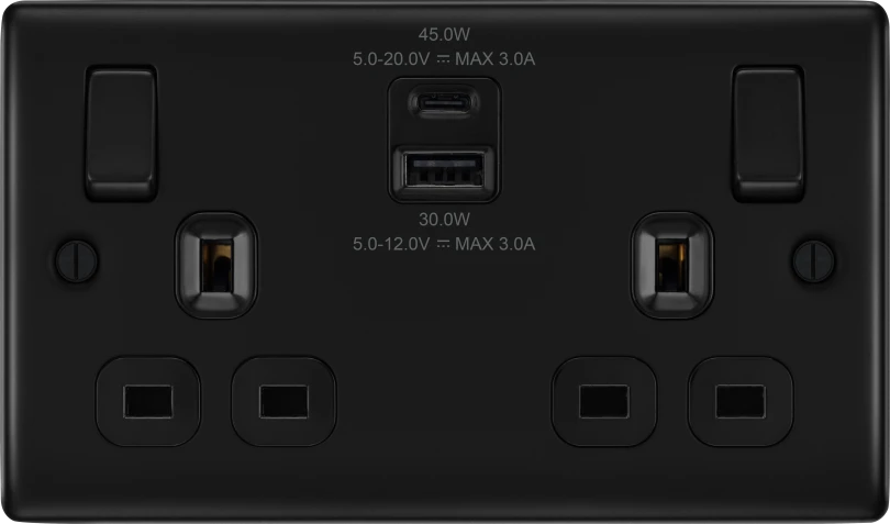 BG Nexus NFB22UAC45B 13A Double Switched Socket with 45W USB-A & USB-C Fast Charging - Matt Black