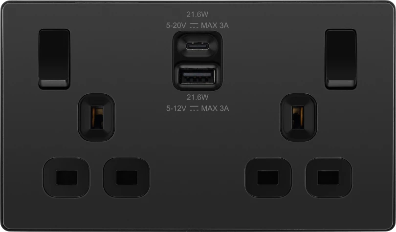 BG Evolve PCDBC22UAC22B 22W USB Double Socket - Black Chrome