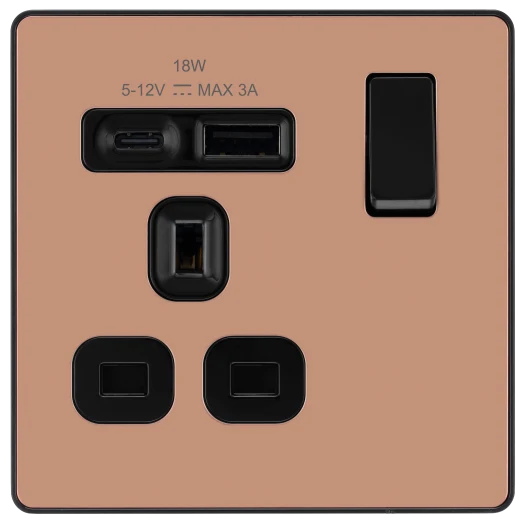 BG Evolve PCDCP21UAC18B 13A  Single Switched Socket with USB A+C - Polished Copper