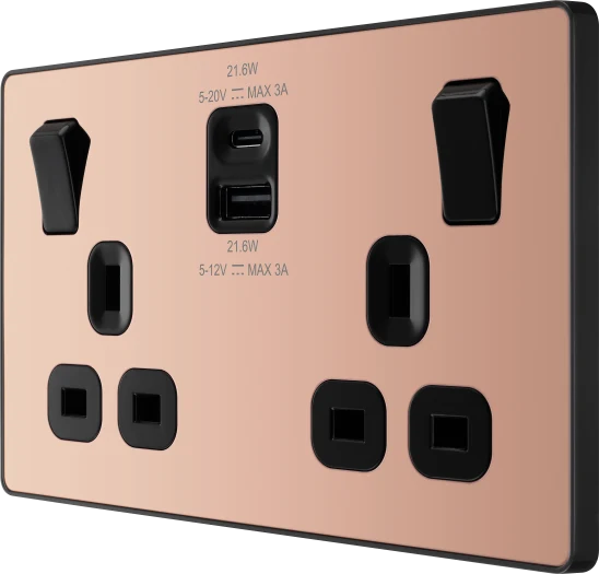 BG Evolve PCDCP22UAC22B 13A Double Switched Socket with USB A+C - Polished Copper