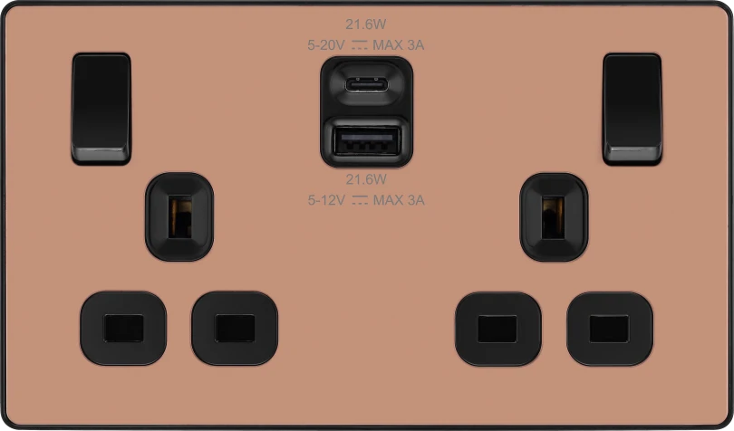 BG Evolve PCDCP22UAC22B 13A Double Switched Socket with USB A+C - Polished Copper