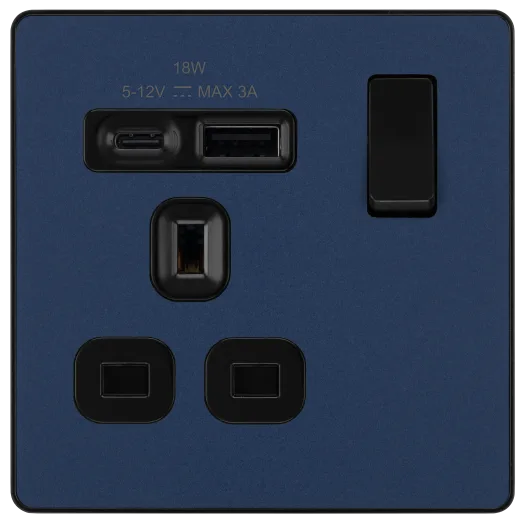 BG Evolve PCDDB21UAC18B 13A Single Switched Socket with USB A + C - Matt Blue