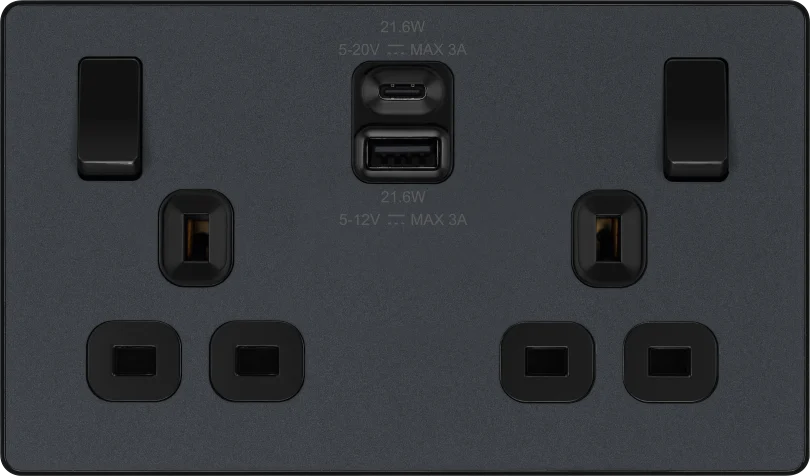 BG Evolve PCDMG22UAC22B 13A Double Socket with USB-A and USB-C Matt Grey