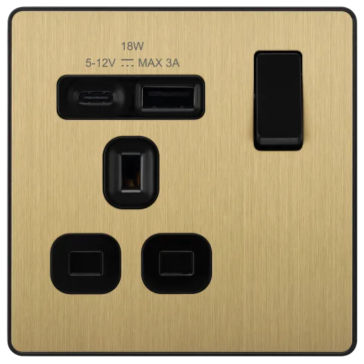 BG Evolve PCDSB21UAC18B 13A Single Switched Socket with 18W USB-A & USB-C Fast Charging - Satin Brass