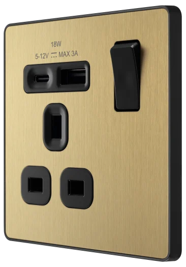 BG Evolve PCDSB21UAC18B 13A Single Switched Socket with 18W USB-A & USB-C Fast Charging - Satin Brass