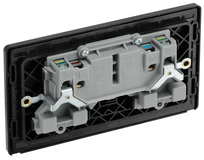 BG Evolve PCDSB22B 13A Double Switched Socket with Black Inserts - Satin Bras